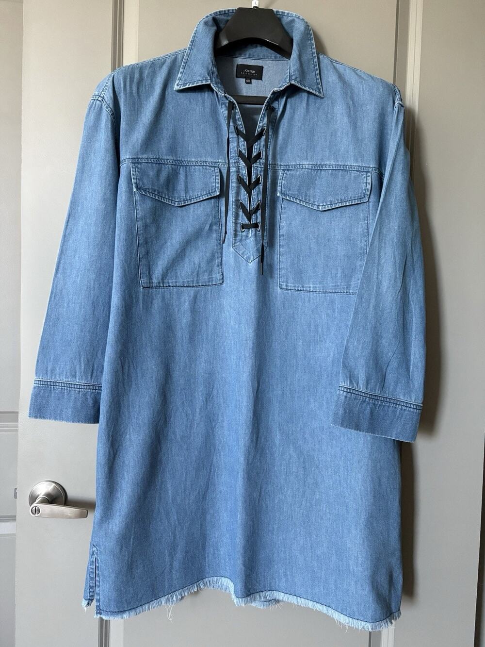 Joe's Jeans Womens Sz L Eveline Dress Blue Chambray Denim Lace Up A-Line Pockets